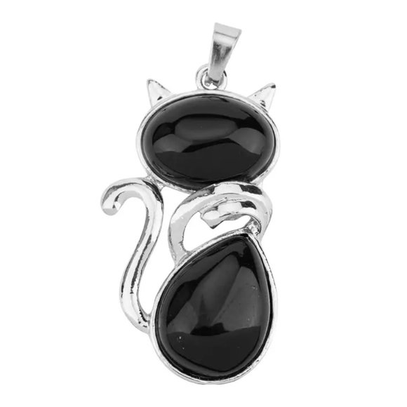 Black Obsidian Natural Stone Cute Cat Pendant Necklace - Picture 1 of 3
